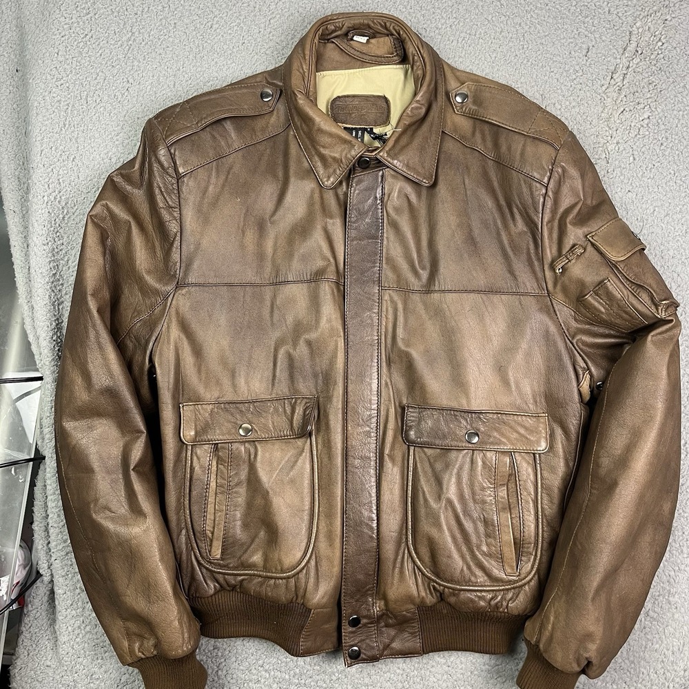 Vintage 80s Thunder Wear Leather Jacket Military Brown Coat Men's Size 44